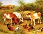 埃德加亨特 - Calves And Chickens Feeding In A Farmyard
